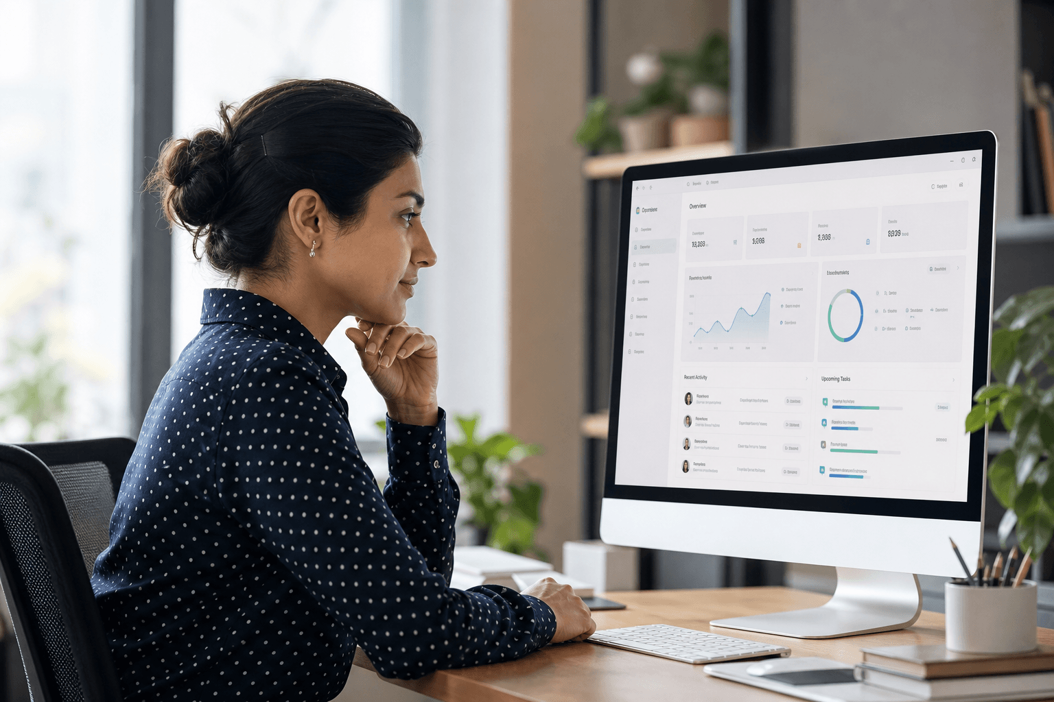 Operator reviewing completed work on a desktop dashboard in a bright office