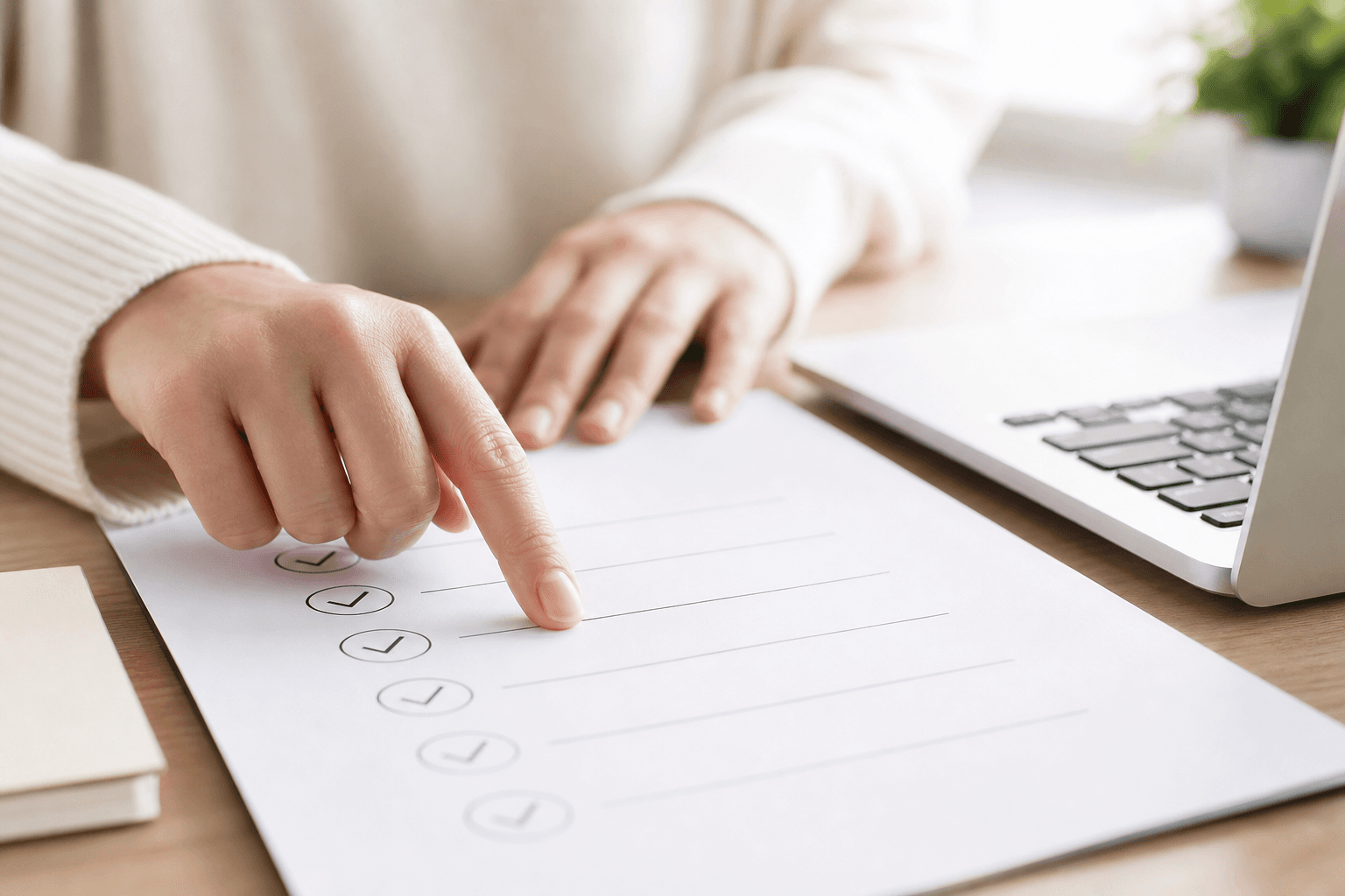 Person reviewing a checklist next to a laptop on a bright desk
