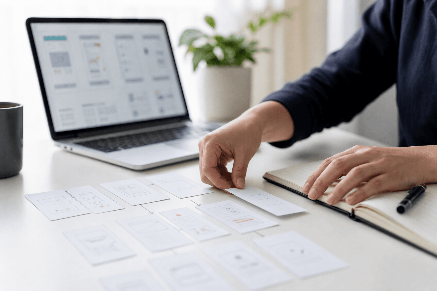 Hands reviewing a task plan next to a laptop on a clean desk