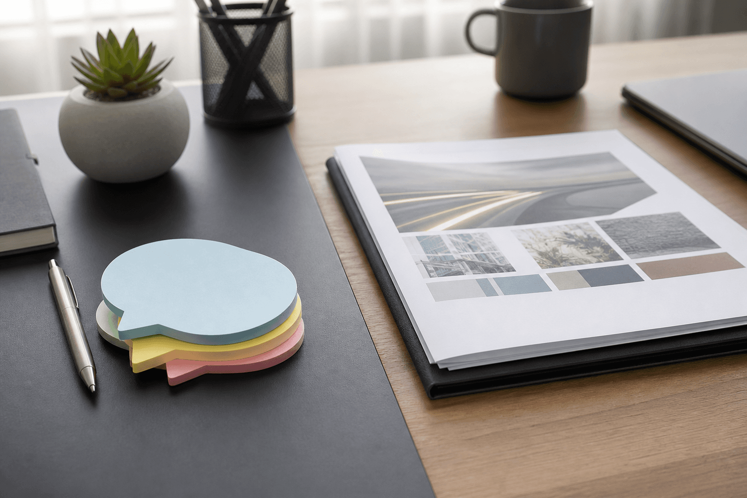 Desk scene contrasting notes and a finished report folder
