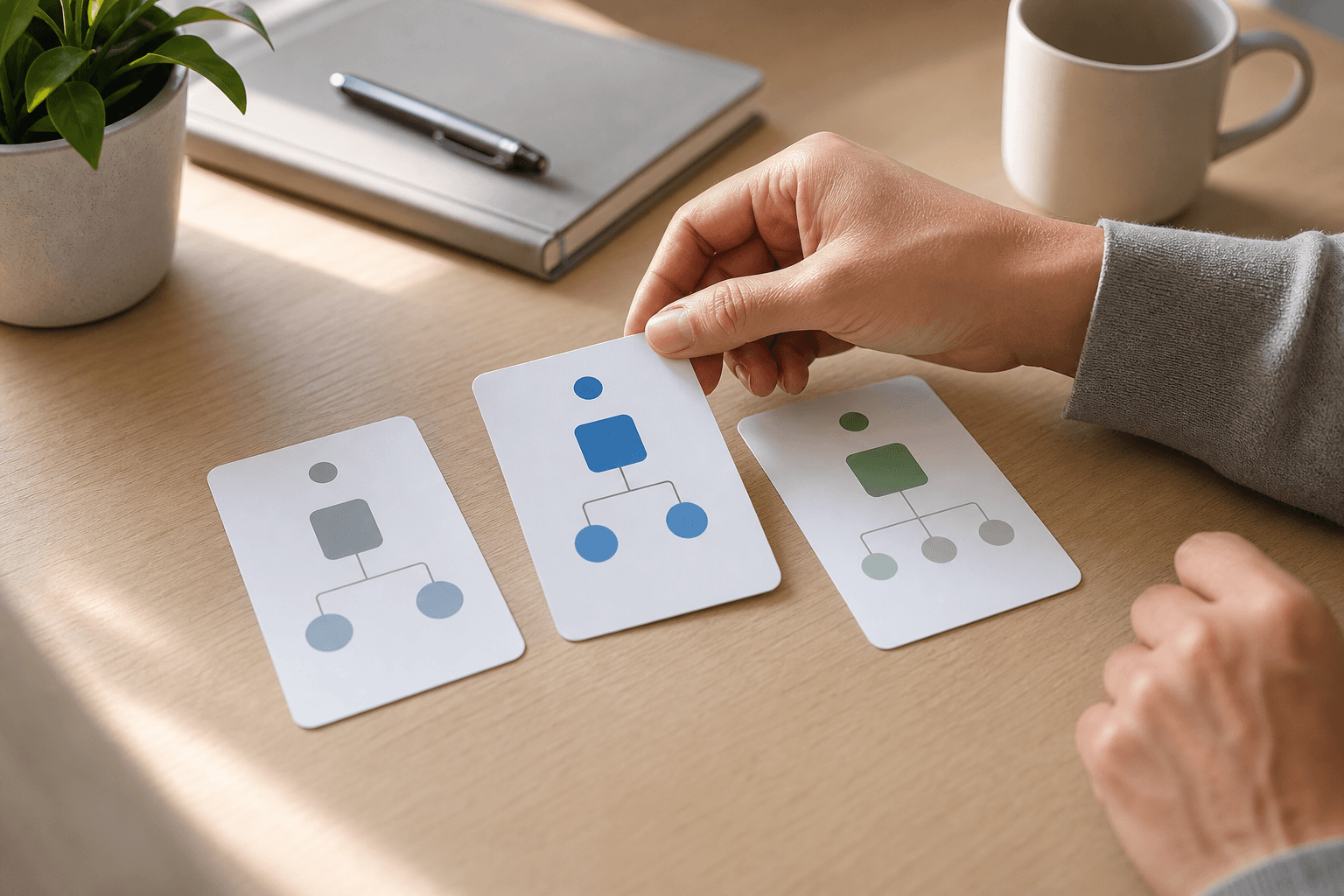Hands selecting one process card from a set on a clean desk