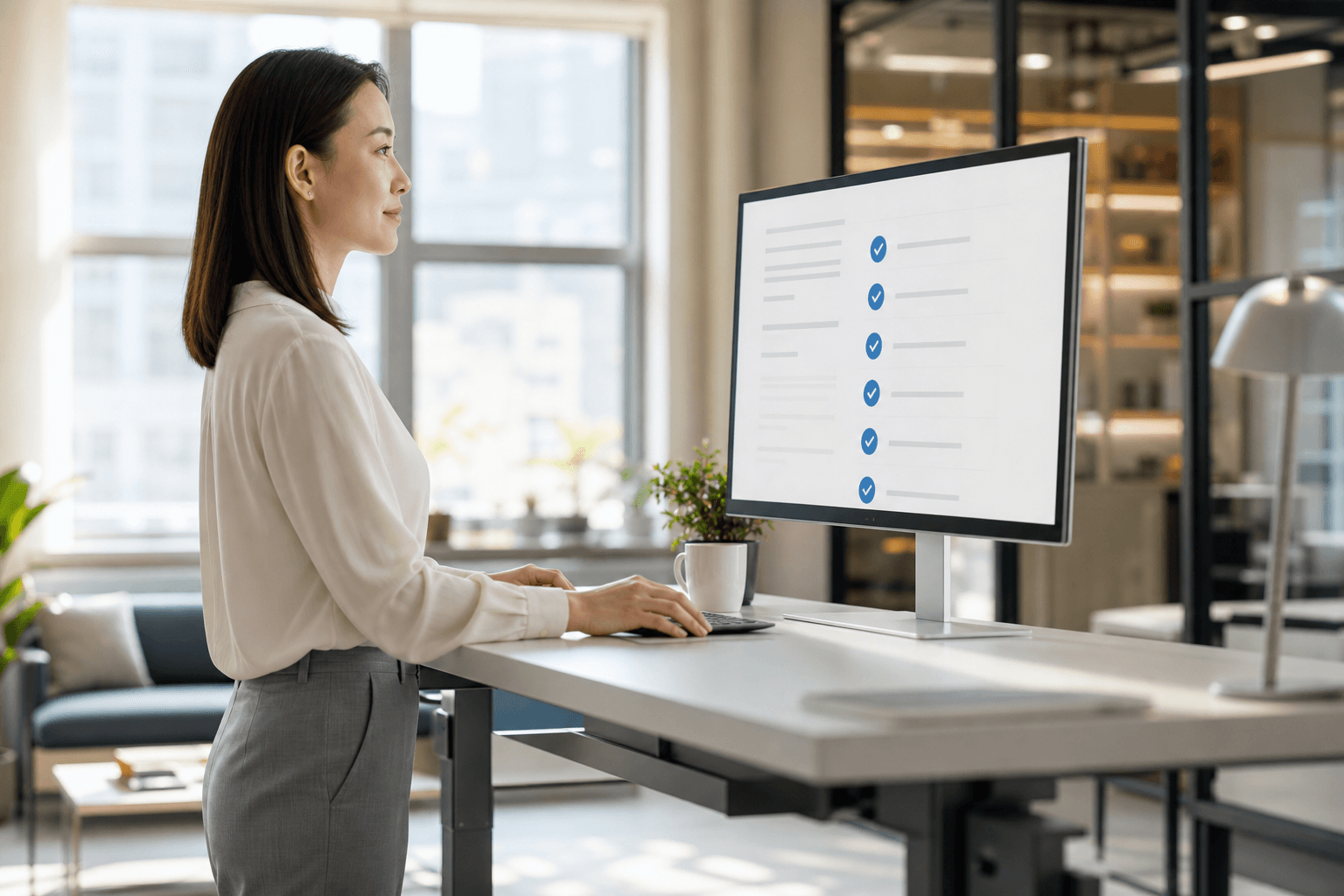 Professional reviewing completed work on a monitor in a bright office