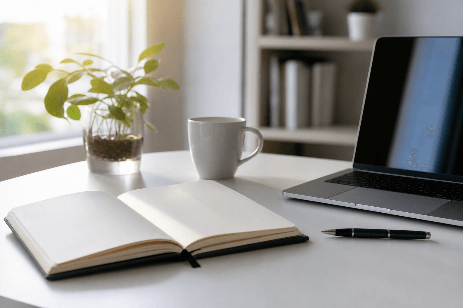 Open notebook and pen beside a laptop on a clean desk