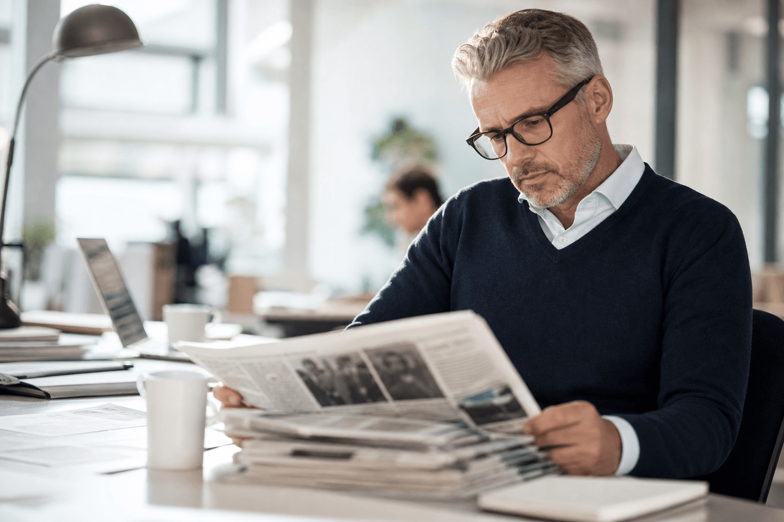 Bright editorial desk with soft newspapers and a laptop
