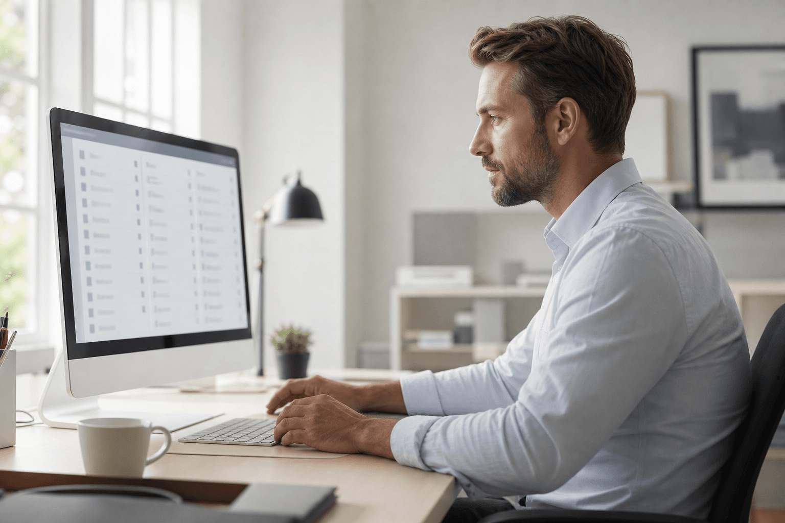 Professional reviewing completed work on a desktop computer in a bright office