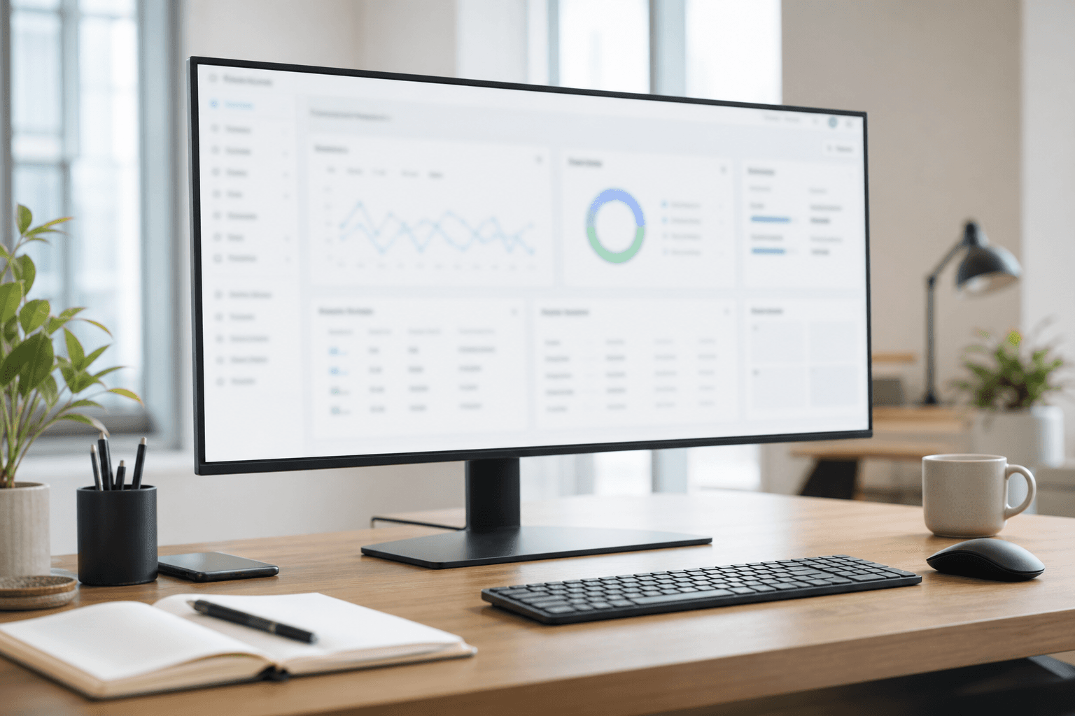Desktop workstation showing a soft SaaS dashboard in a bright modern office