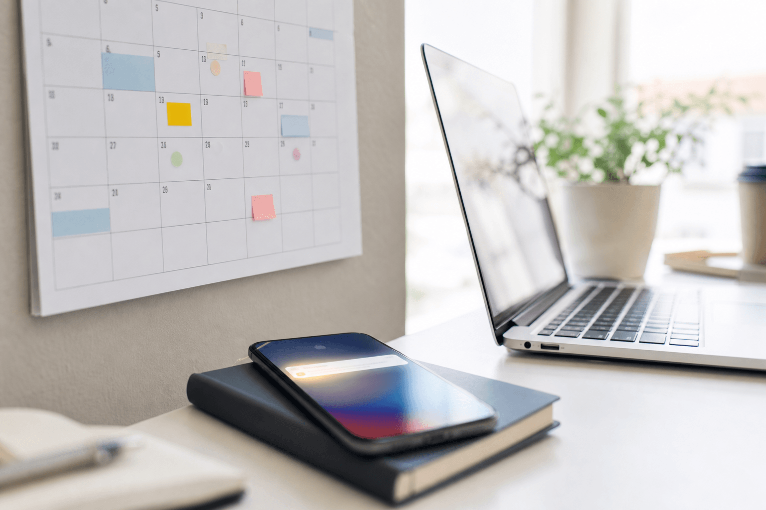 Calendar and devices on a desk suggesting scheduled and event-triggered work