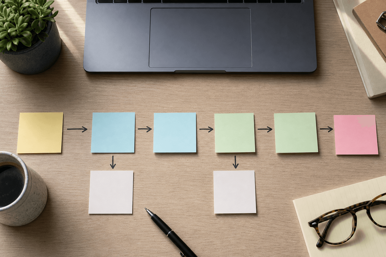 Process cards arranged in a flow on a desk beside a laptop