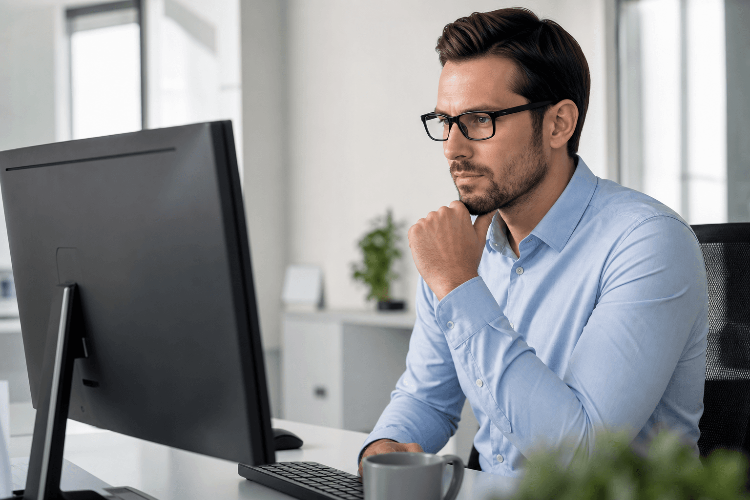 Professional reviewing access controls on a desktop monitor in a bright office