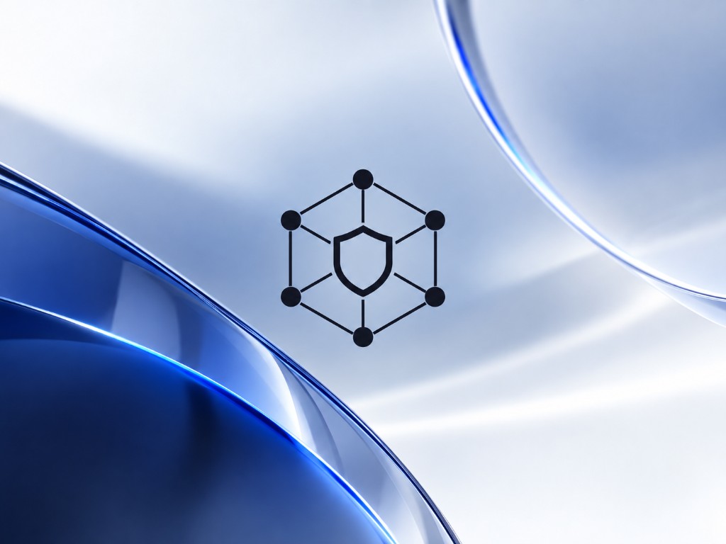 Shield within a hexagonal network over a blue glass surface