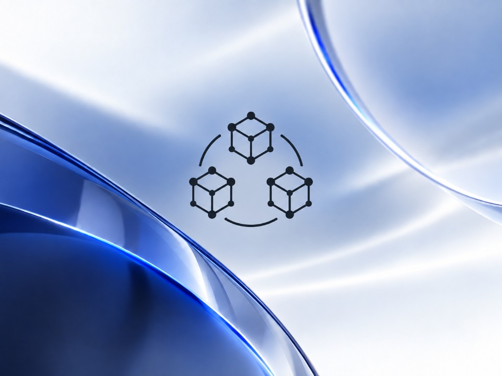 Three interchangeable cubes connected in a cycle over a blue glass surface